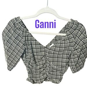 Ganni Black and White Puff Sleeve Blouse